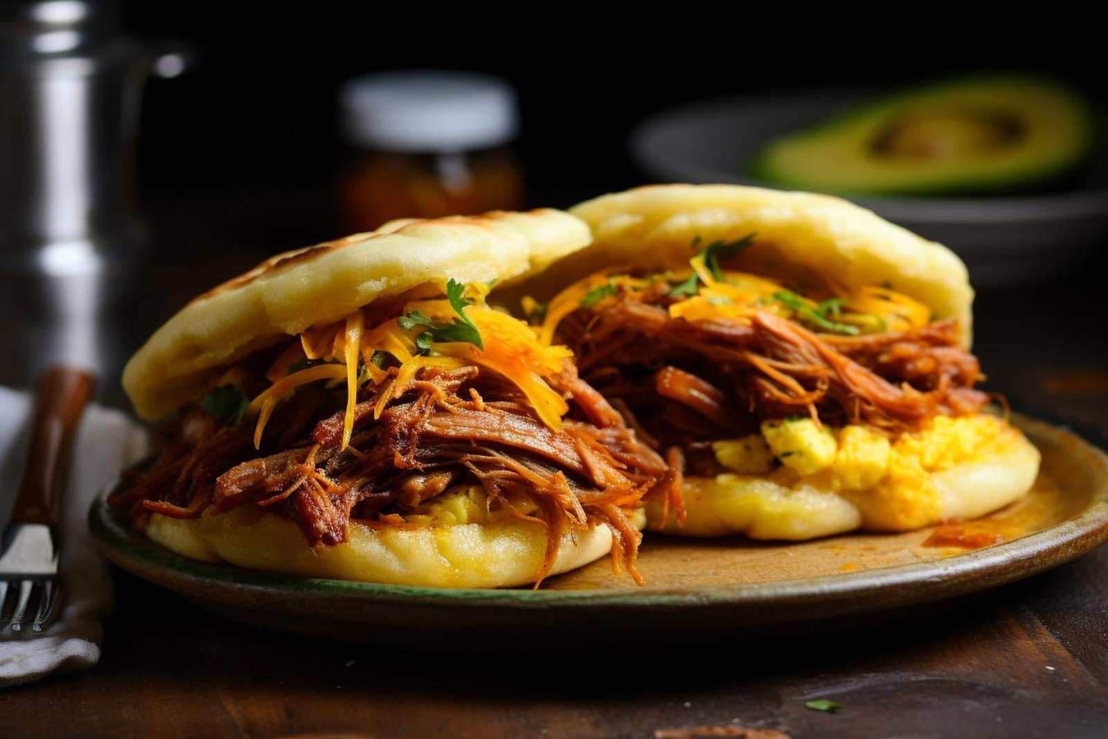 Home arepas con barbacoa pulled pork delicioso delicioso arepas fotografia de imagenes de comida(1)