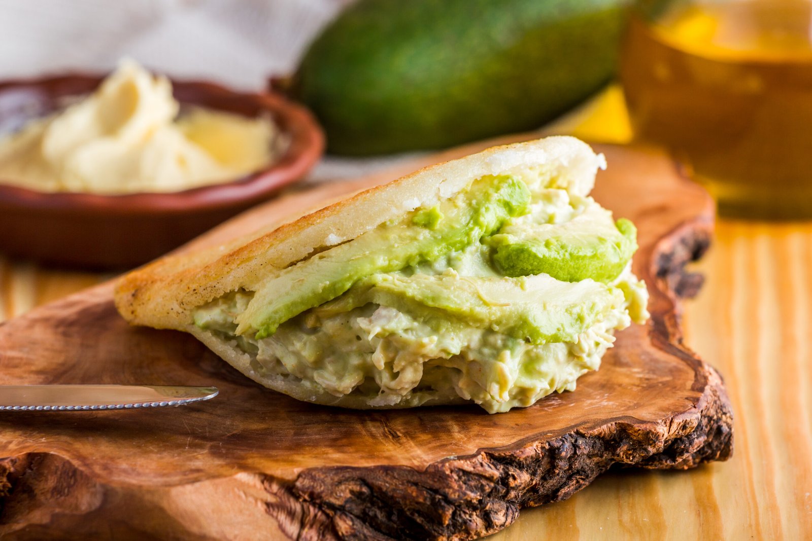 Home typical venezuelan food, arepa for breakfast called queen pepead