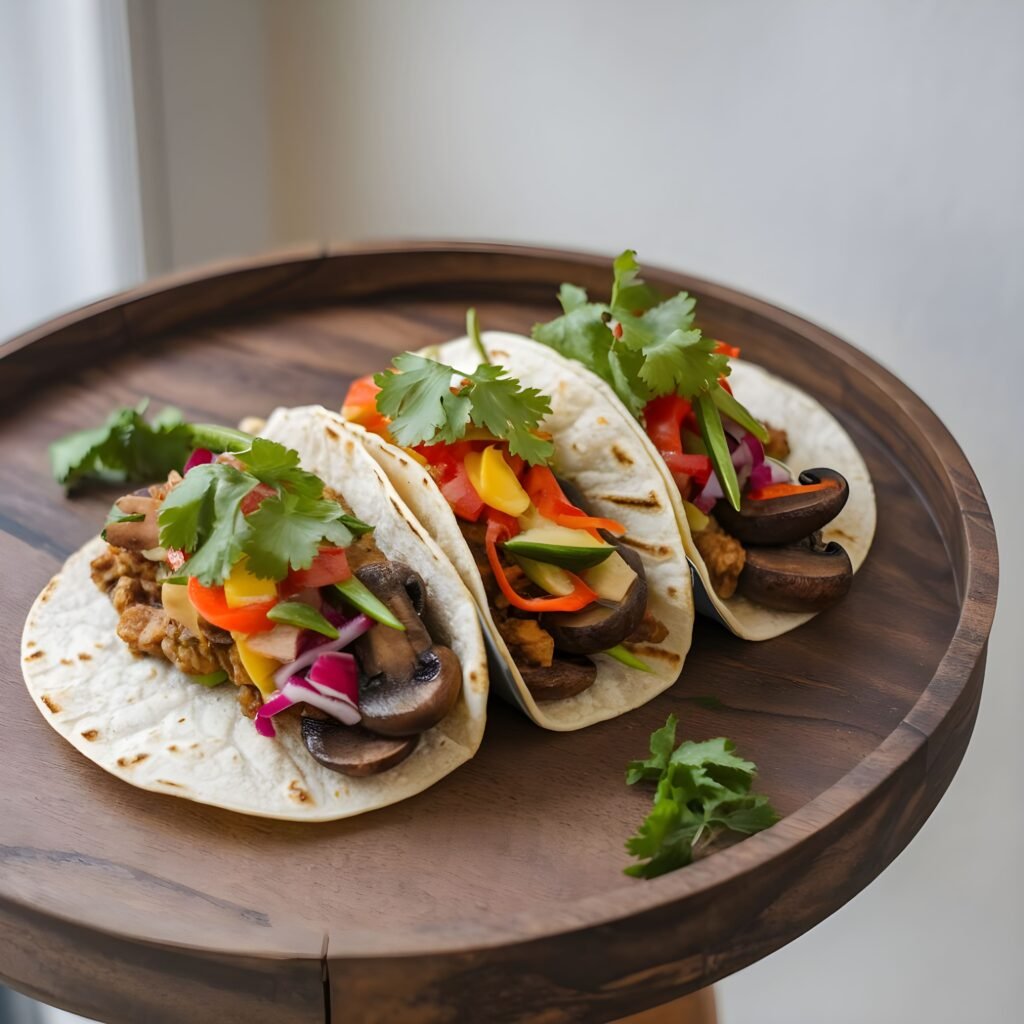 Home un hermoso trio de tacos de setas con colores de verduras (1)